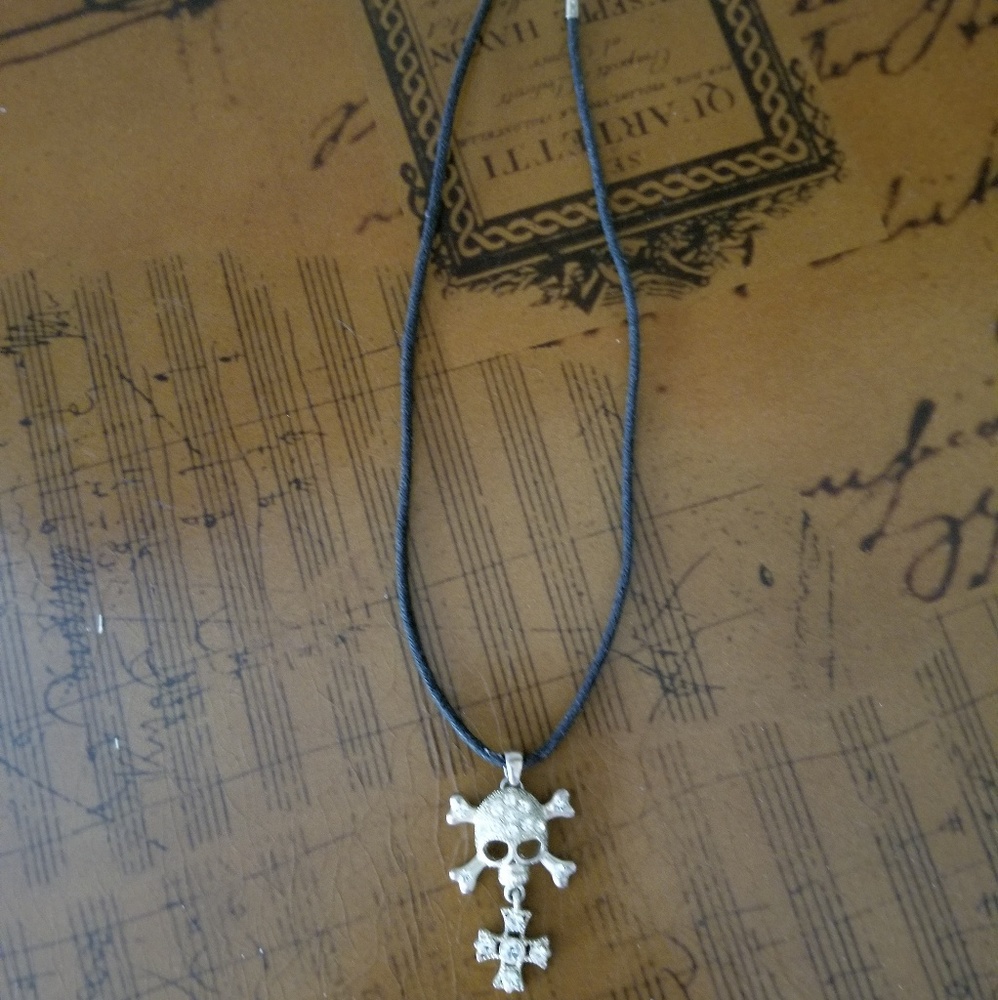 Skull & Crossbone Crystal Necklace w/Cross